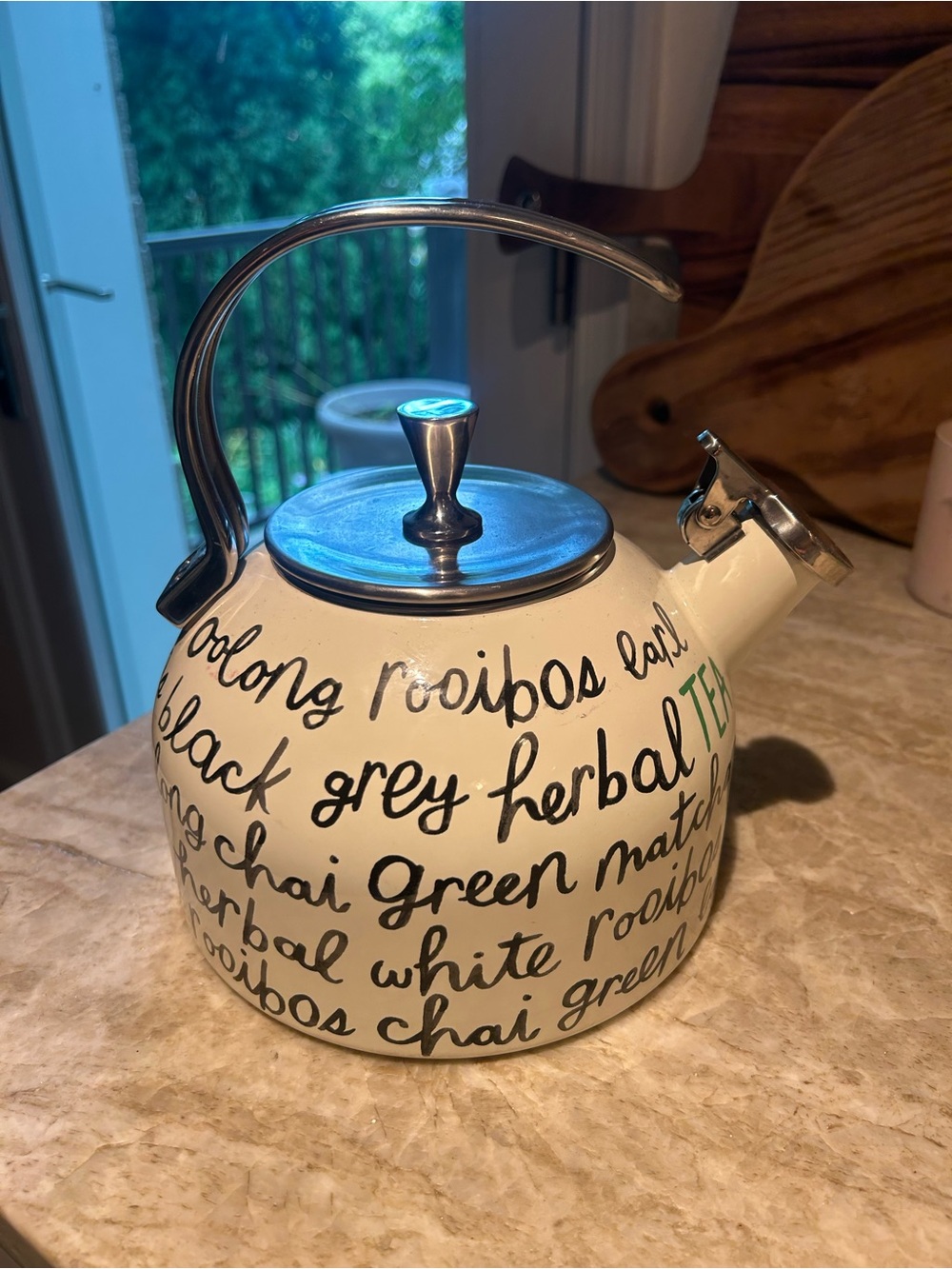 Kate Spade Cream Script Tea Kettle with Stainless Steel Lid and Handle